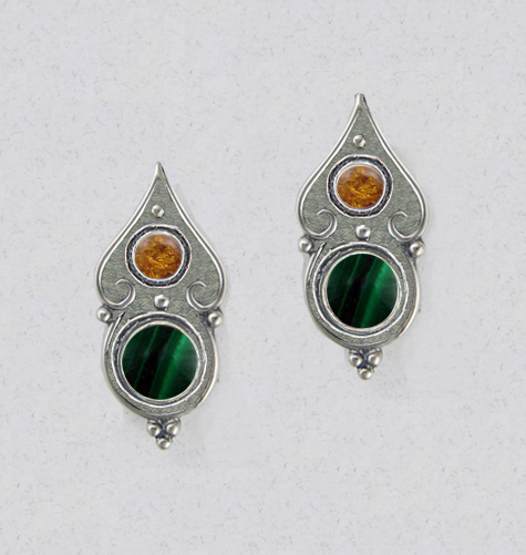 Sterling Silver Gothic Look Post Stud Earrings With Malachite And Amber